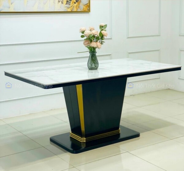 Bàn ăn mặt đá Ceramic trắng bóng 1m6, 1m8