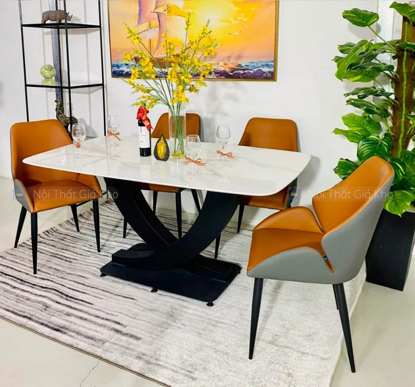 Bàn ăn mặt đá chân sắt chữ U