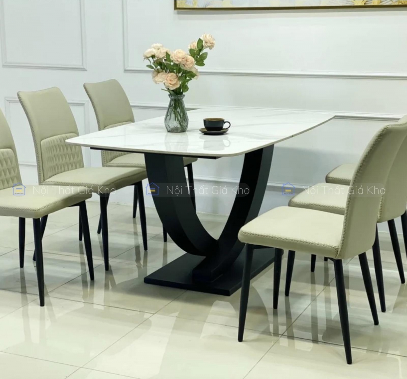 Bàn ăn mặt đá chân sắt chữ U