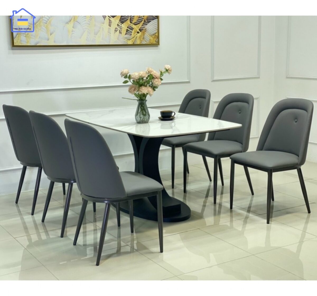 Bàn ăn mặt đá chân sắt kèm 6 ghế Owen