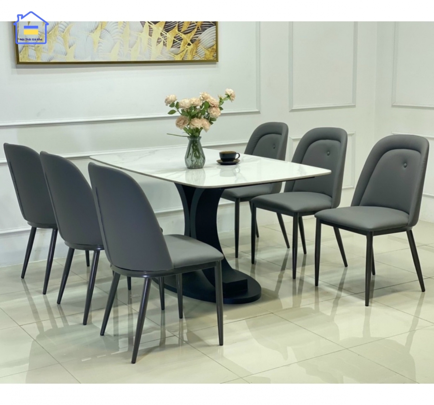 Bàn ăn mặt đá chân sắt kèm 6 ghế Owen