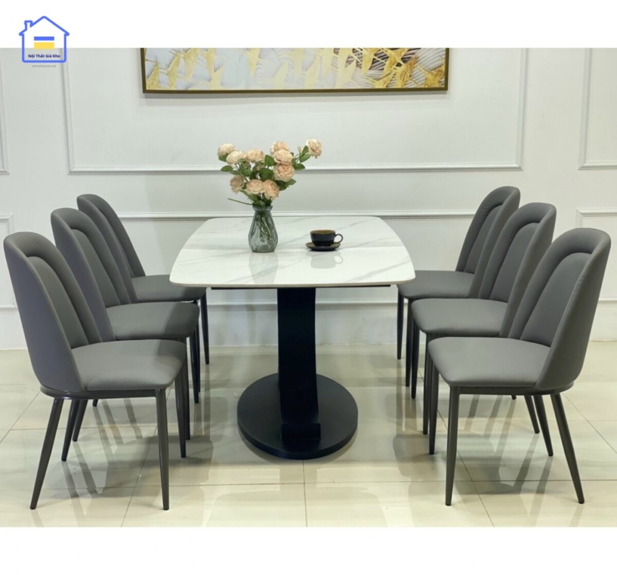 Bàn ăn mặt đá chân sắt kèm 6 ghế Owen