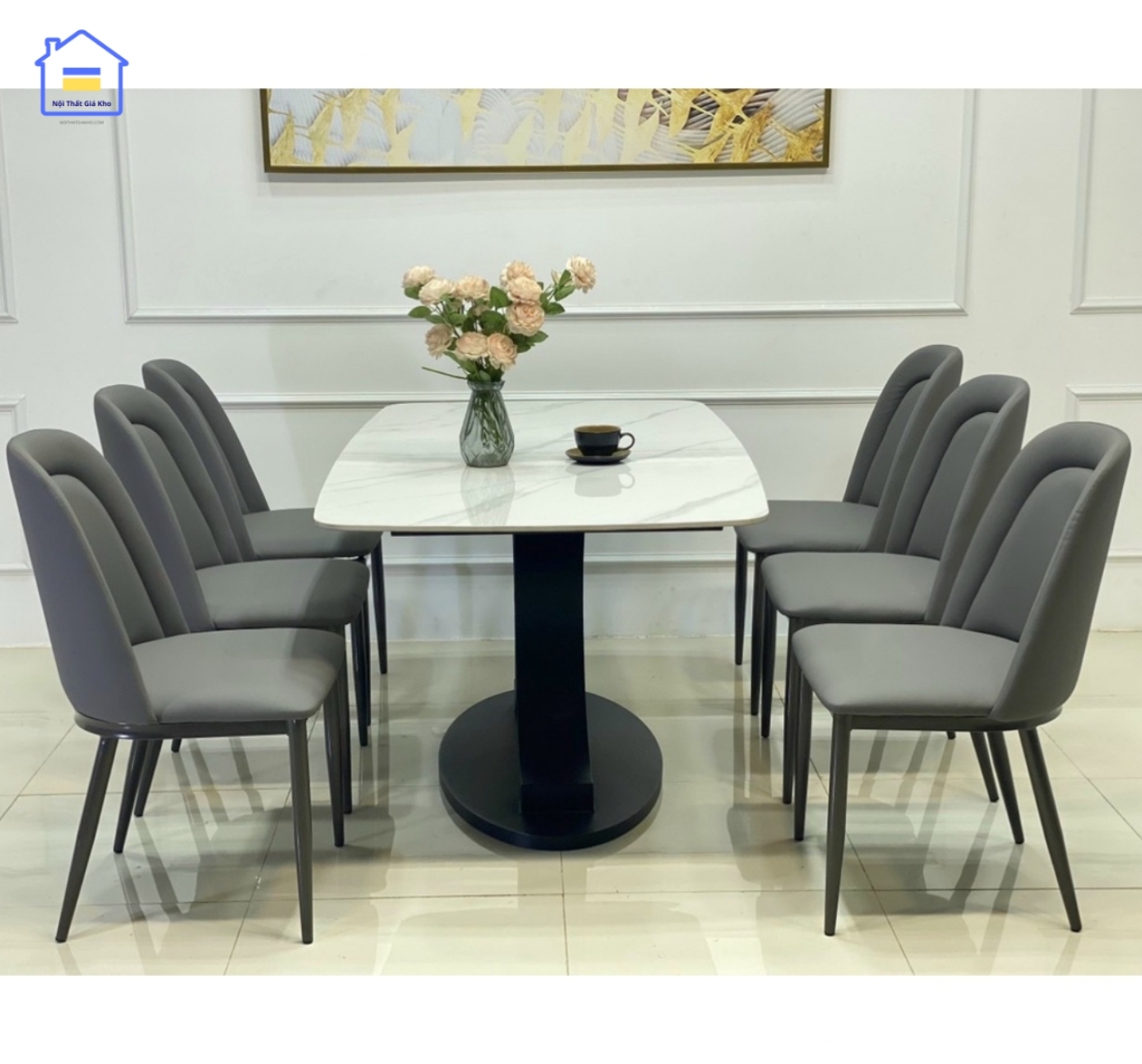 Bàn ăn mặt đá chân sắt kèm 6 ghế Owen
