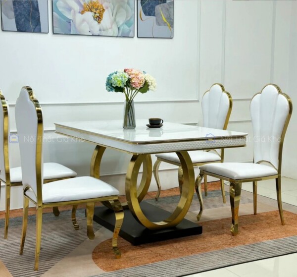 Bàn ăn mặt đá phiến Ceramic chân vòng viền da inox mạ vàng