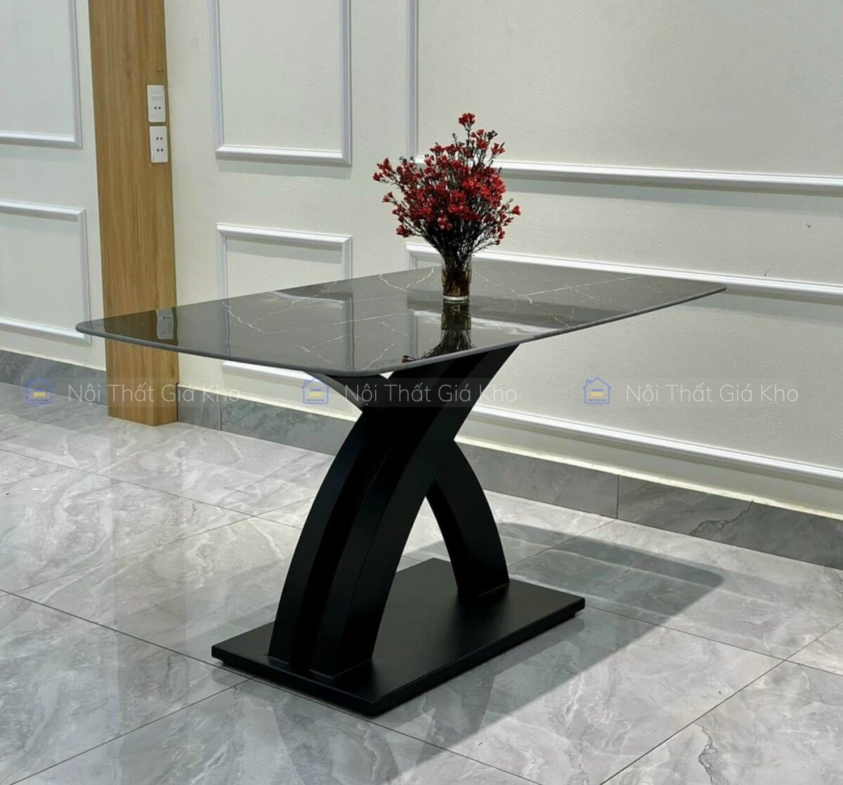 Bàn ăn mặt đá phiến chân chéo chữ X cong, bàn 1m2 1m4 1m6 1m8