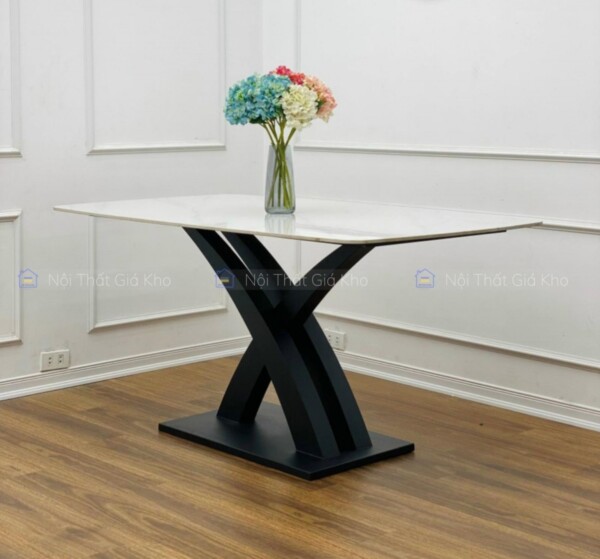 Bàn ăn mặt đá phiến chân chéo chữ X cong, bàn 1m2 1m4 1m6 1m8