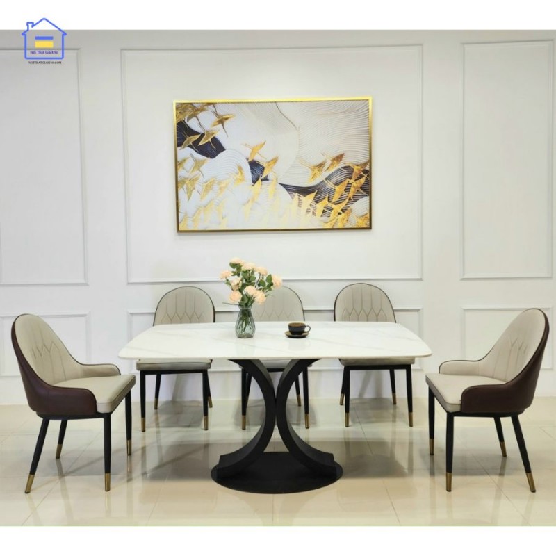 Bàn ăn mặt đá phiến kèm 6 ghế Monet có tay