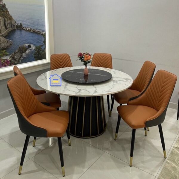 Bàn ăn mặt đá tròn có mâm xoay kết hợp ghế Spine