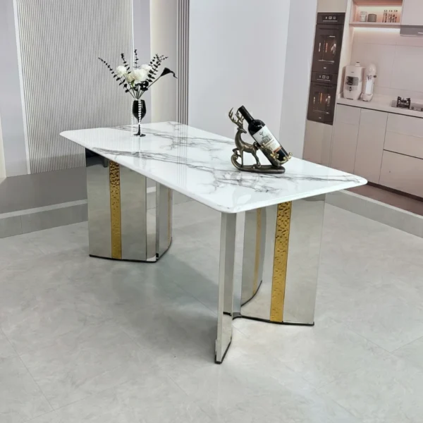 Bàn ăn mặt đá vi tinh thể chân mạ vàng BAK71