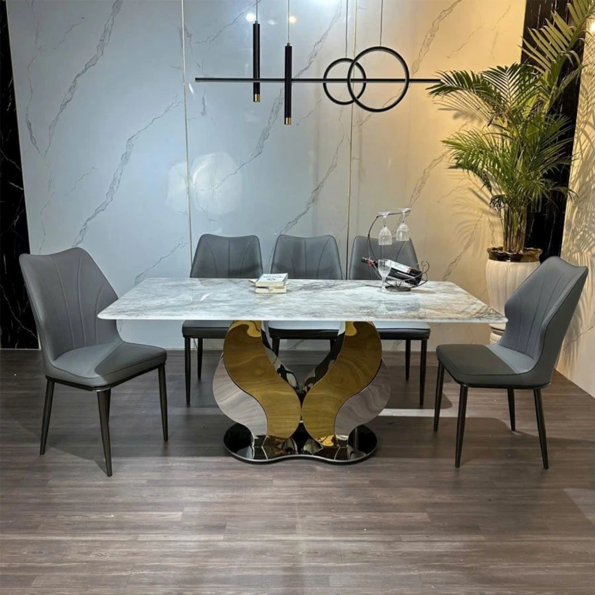 Bàn ăn mặt đá vi tinh thể inox mạ vàng BAK72