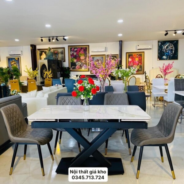 Bàn ăn thông minh mặt đá kéo dài 2 đầu kèm ghế Loft trám