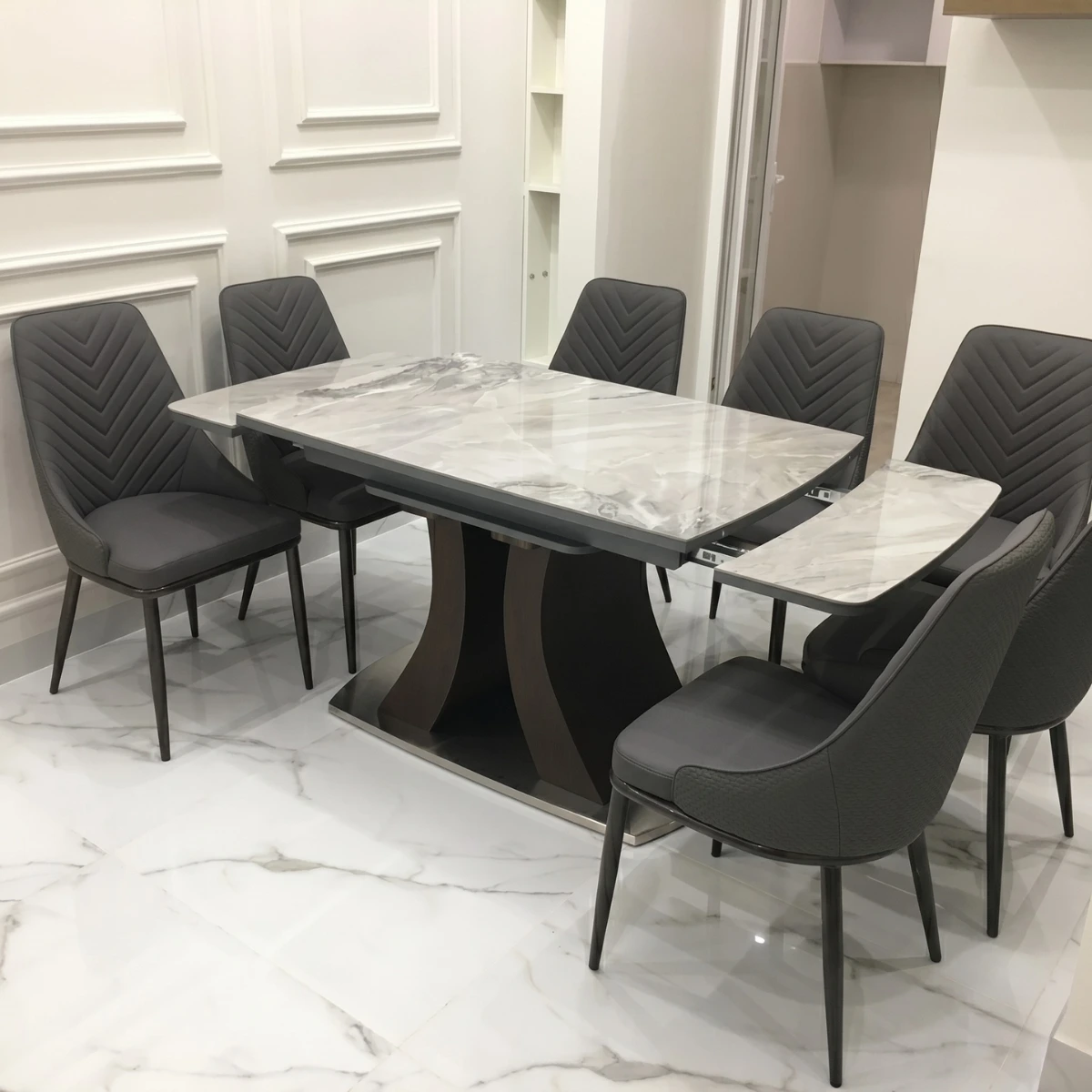 Bàn ăn thông minh đá Ceramic kéo dài 2 đầu kèm ghế Spine