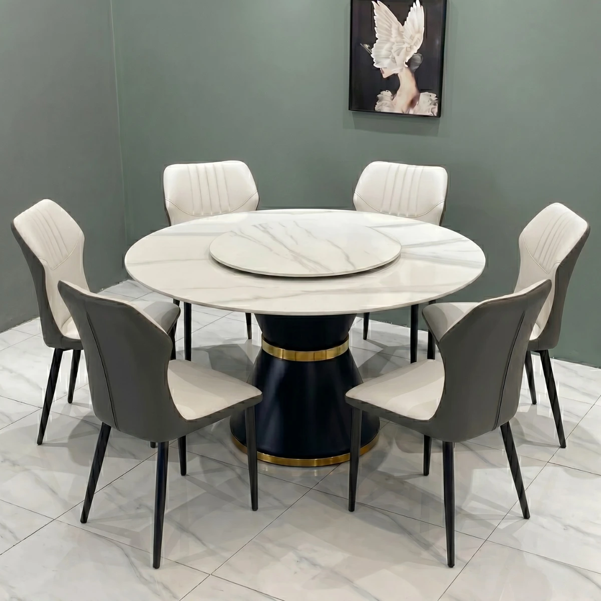 Bàn ăn tròn mâm xoay 2 mặt đá ceramic