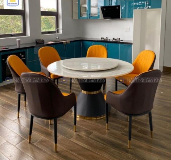 Bàn ăn tròn mâm xoay 2 mặt đá phiến cao cấp