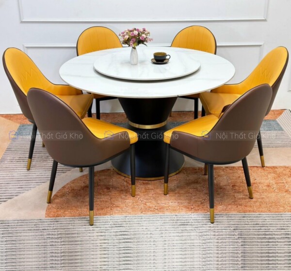 Bàn ăn tròn mâm xoay 2 mặt đá phiến cao cấp