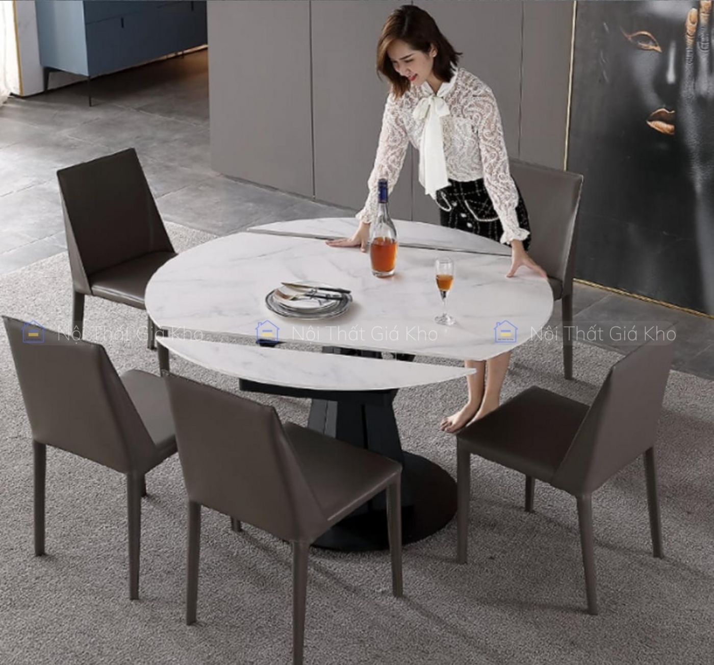 Bàn ăn tròn xoay thông minh nhập khẩu mặt đá Ceramic