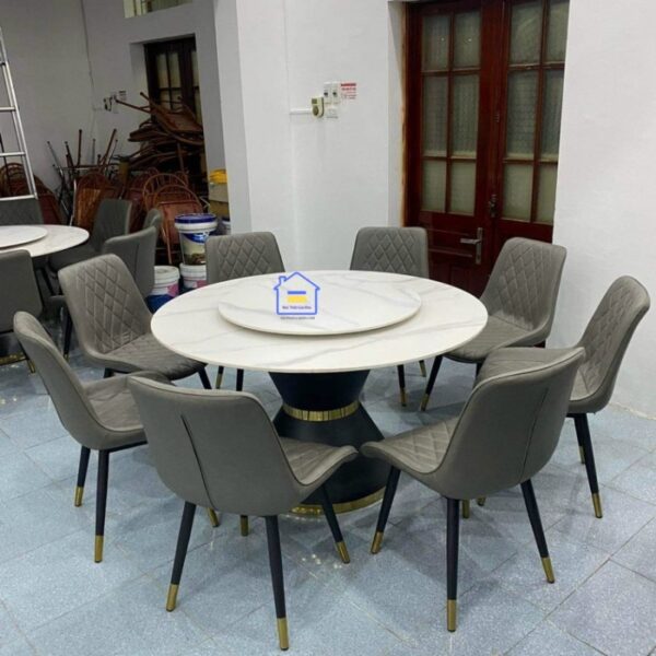 Bàn ăn mặt đá tròn có mâm xoay kết hợp ghế Loft