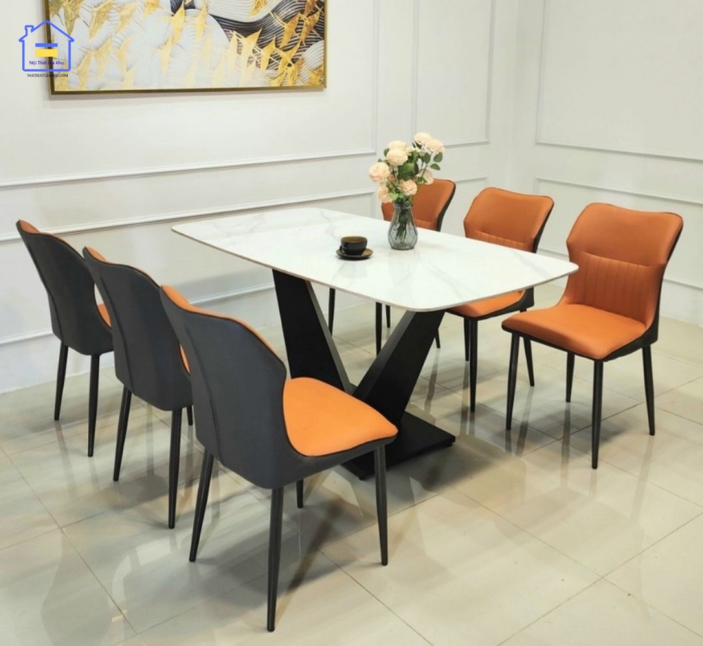 Bộ bàn ăn mặt đá 6 ghế Kelly nhập khẩu