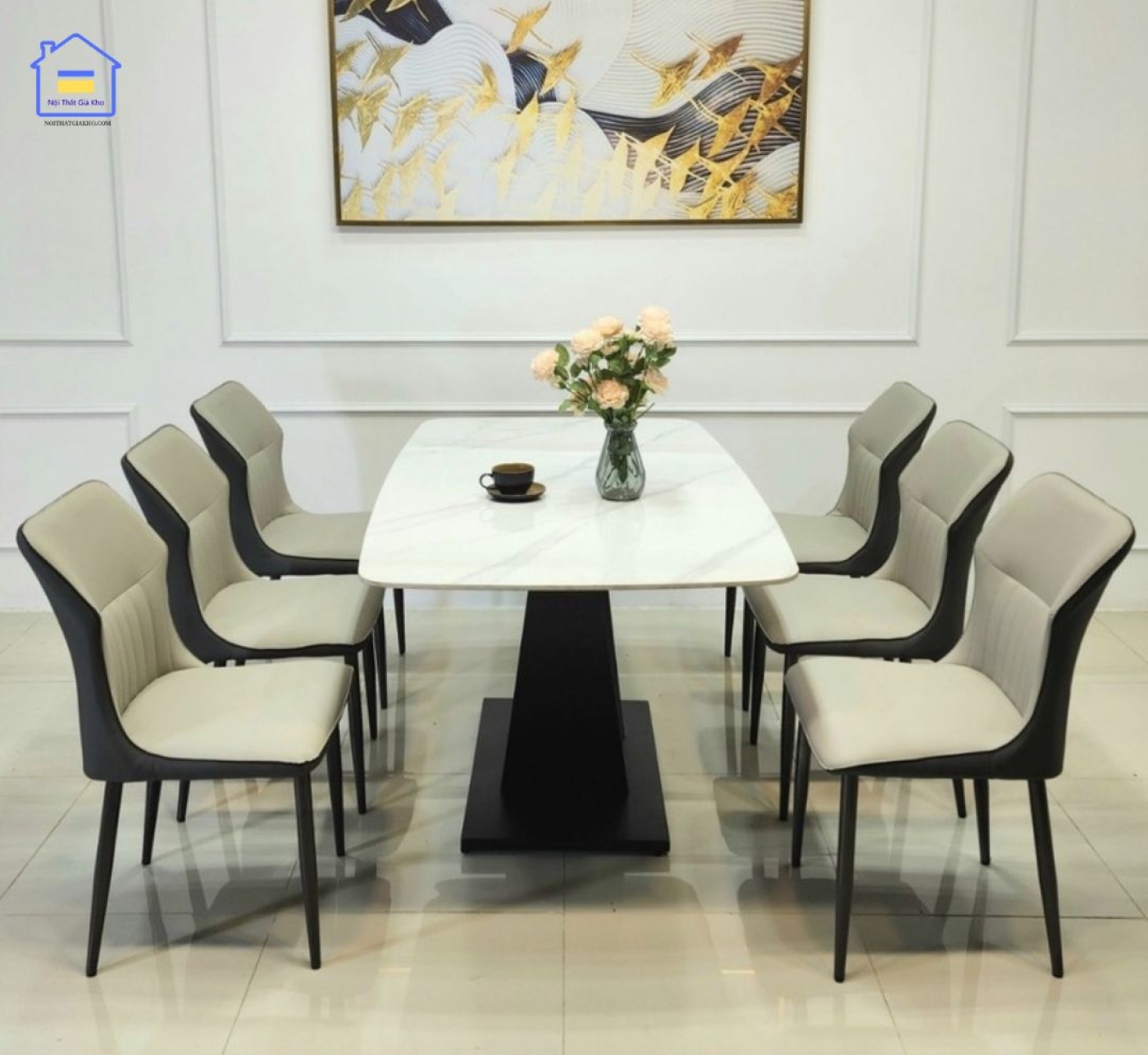 Bộ bàn ăn mặt đá 6 ghế Kelly nhập khẩu