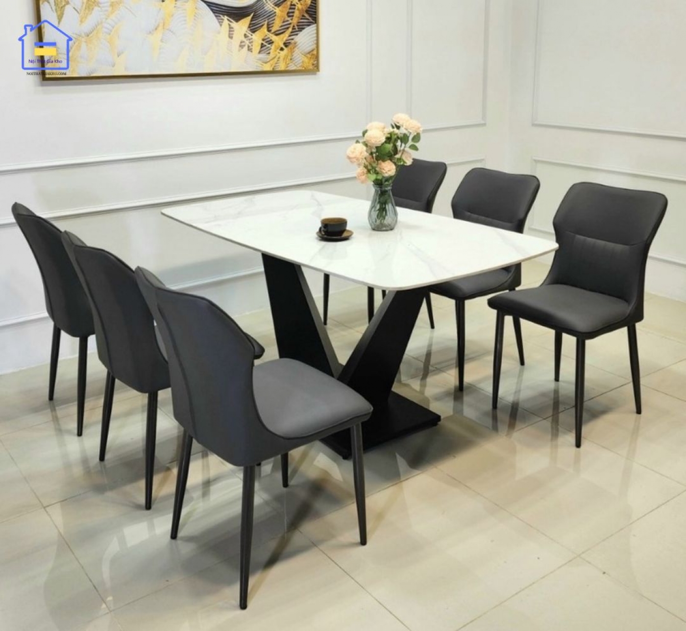 Bộ bàn ăn mặt đá 6 ghế Kelly nhập khẩu