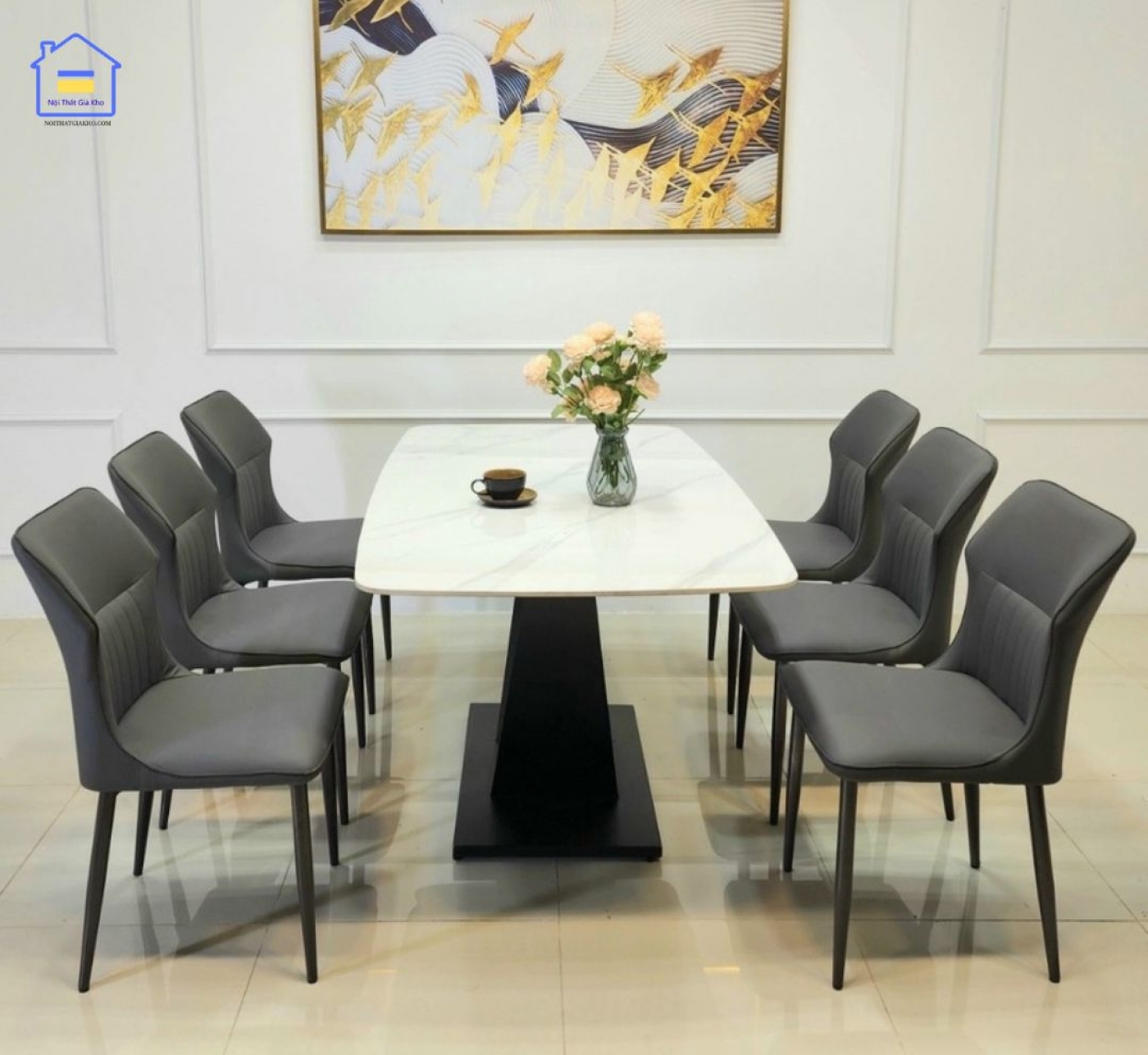 Bộ bàn ăn mặt đá 6 ghế Kelly nhập khẩu