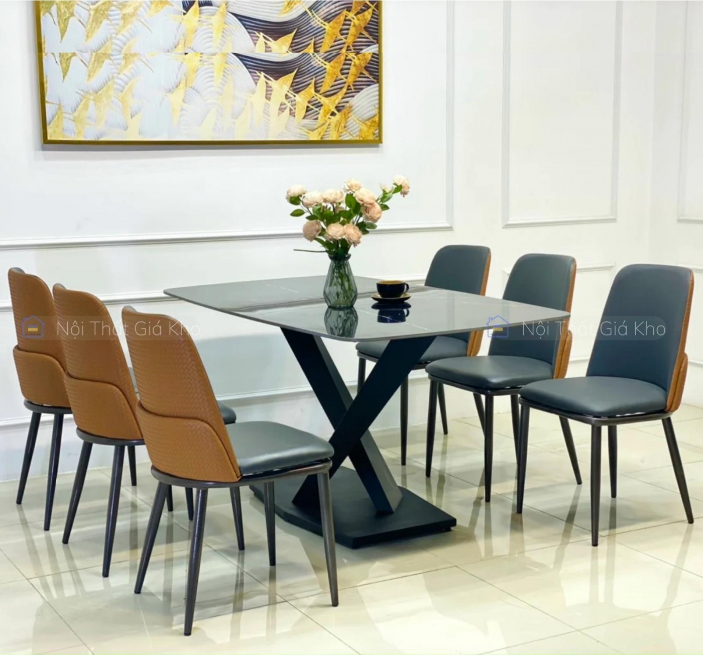 Bộ bàn ăn mặt đá 6 ghế Snake