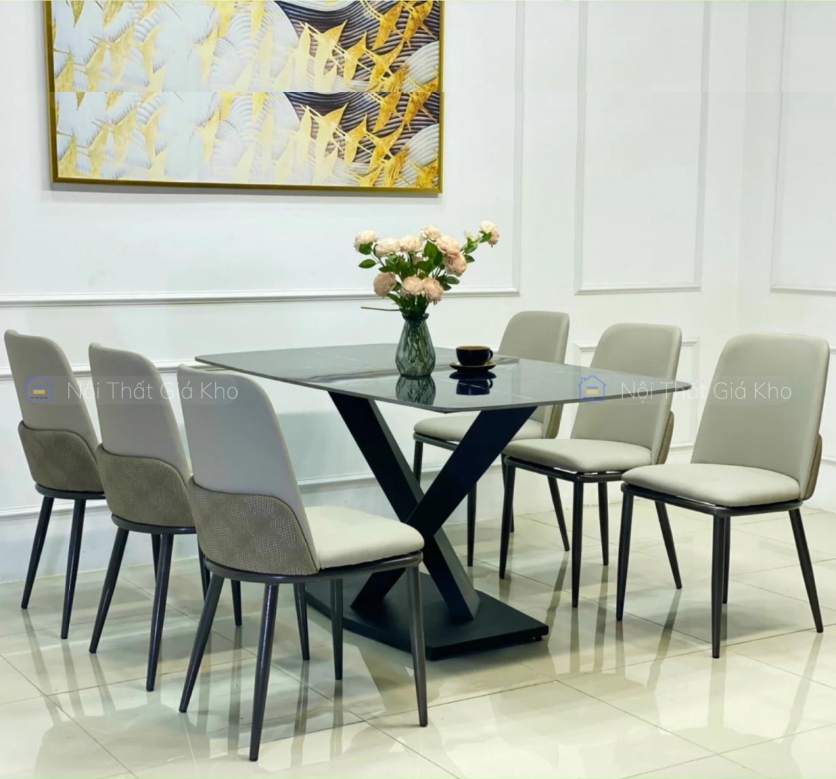 Bộ bàn ăn mặt đá 6 ghế Snake