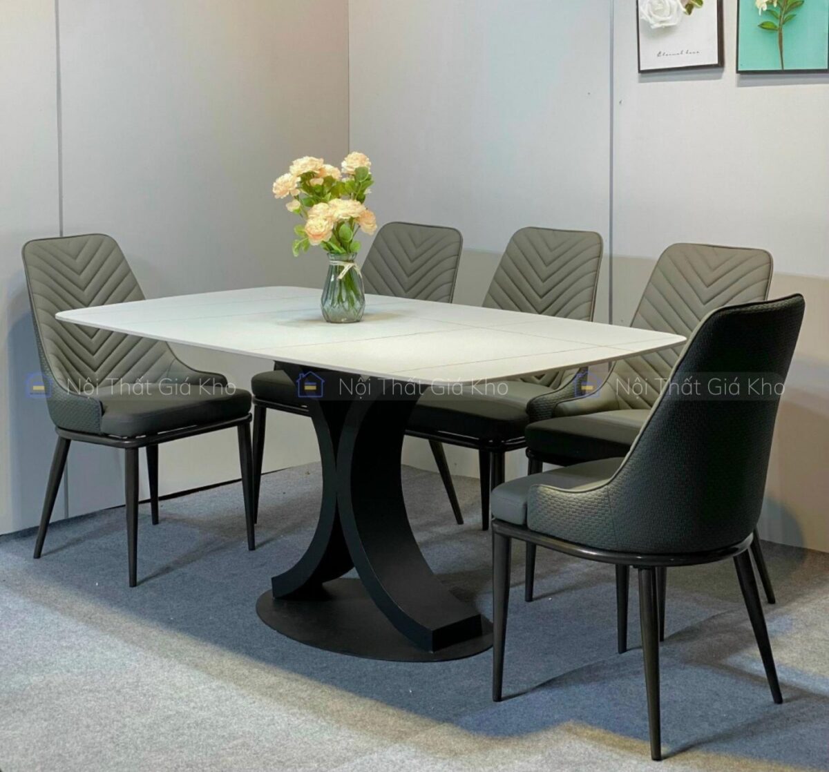 Bộ bàn ăn mặt đá Ceramic 6 ghế Spine