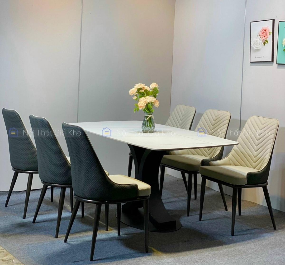 Bộ bàn ăn mặt đá Ceramic 6 ghế Spine