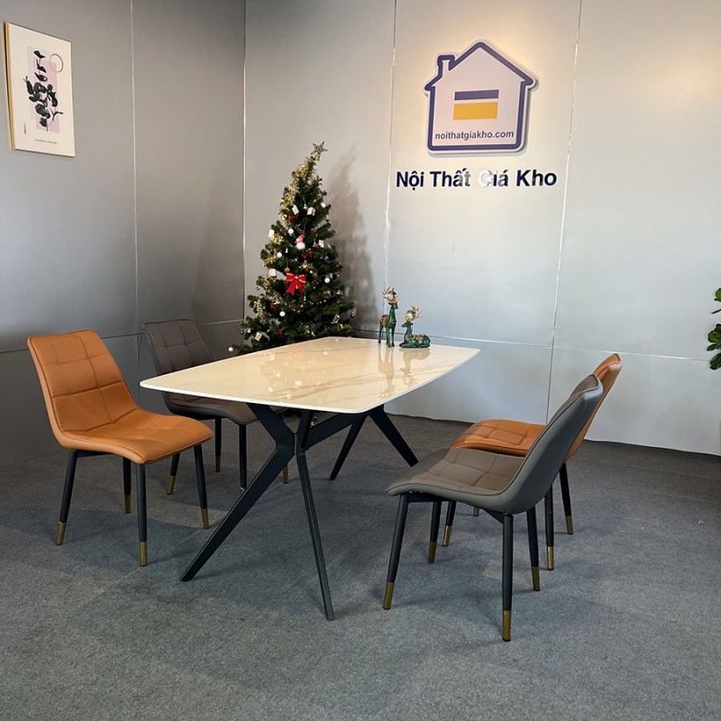 Bộ bàn ăn mặt đá Ceramic bóng chân chữ H kết hợp ghế Loft vuông