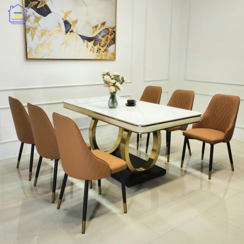 Bộ bàn ăn mặt đá Ceramic kèm ghế Sheraton trám