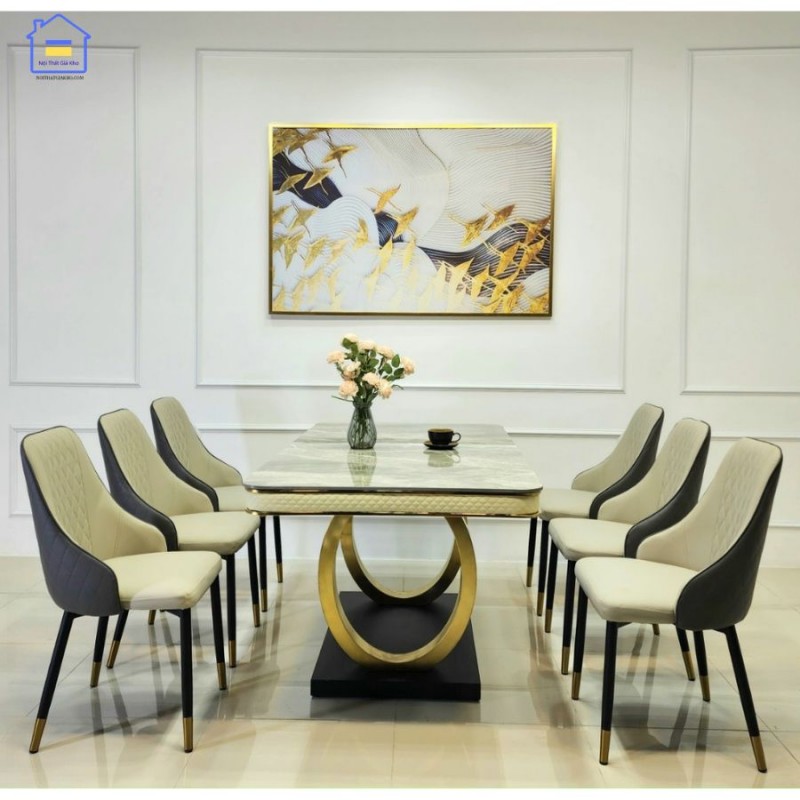 Bộ bàn ăn mặt đá Ceramic kèm ghế Sheraton trám