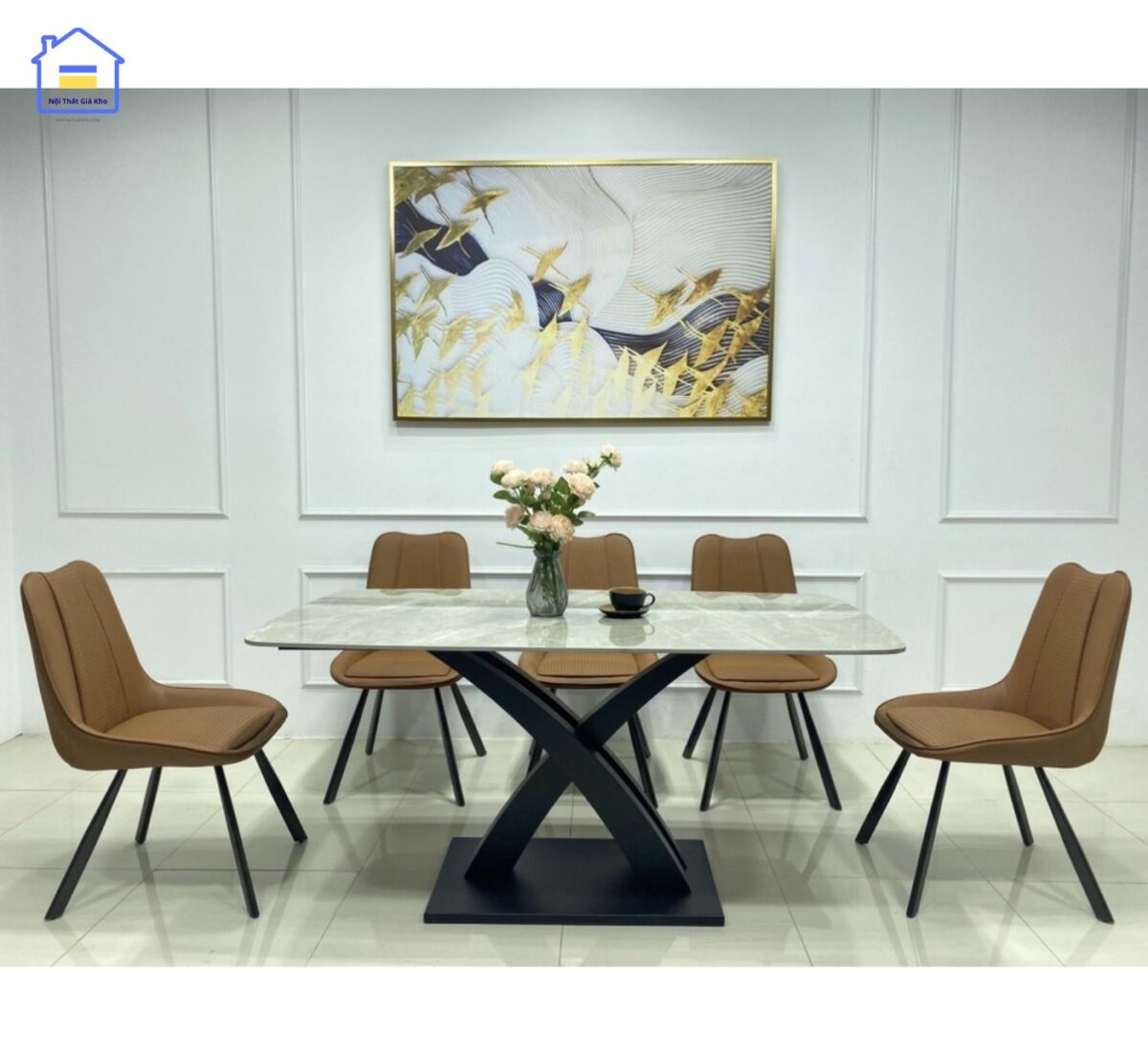 Bộ bàn ăn mặt đá chân X cong 6 ghế Vila