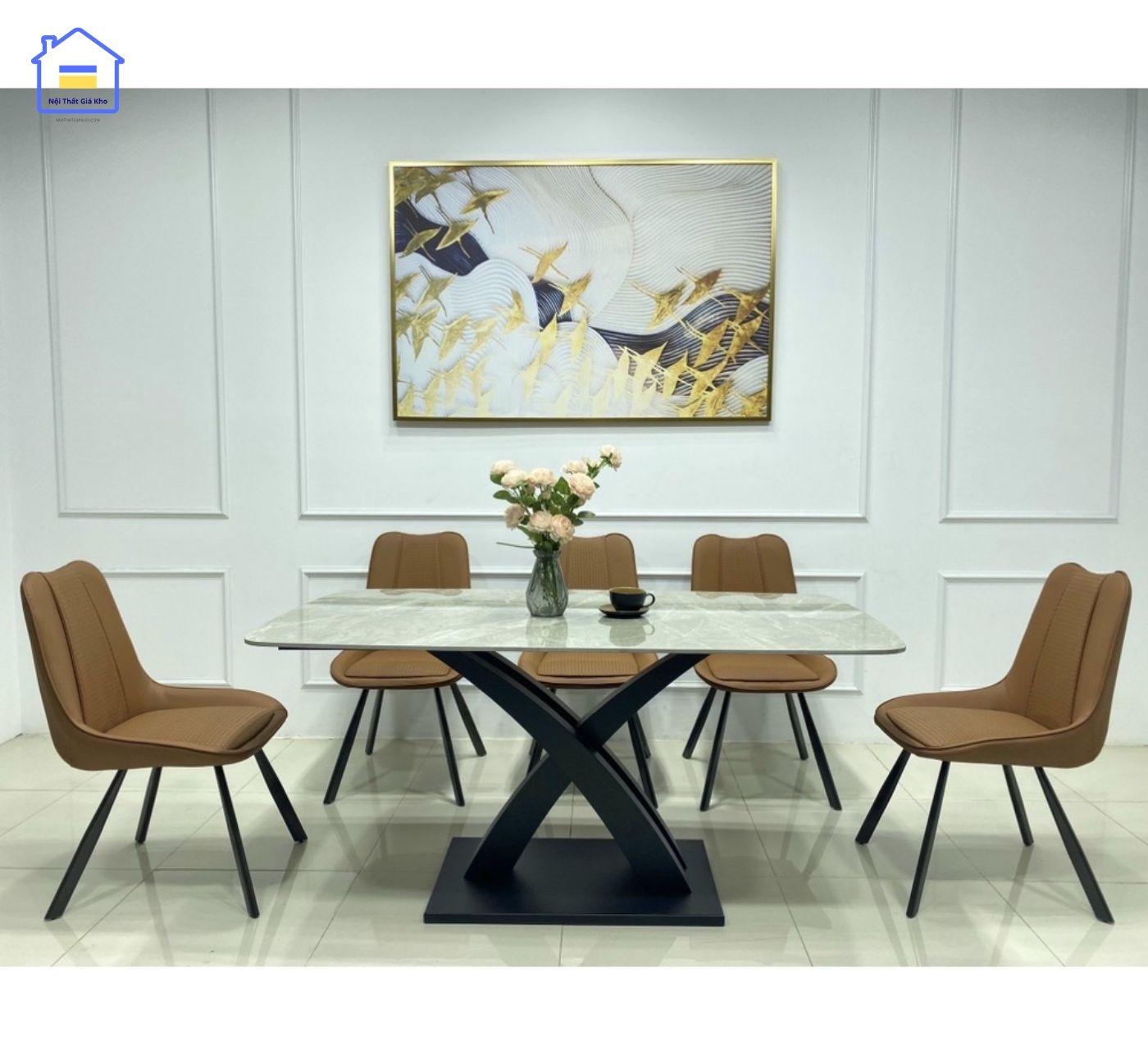 Bộ bàn ăn mặt đá chân X cong 6 ghế Vila