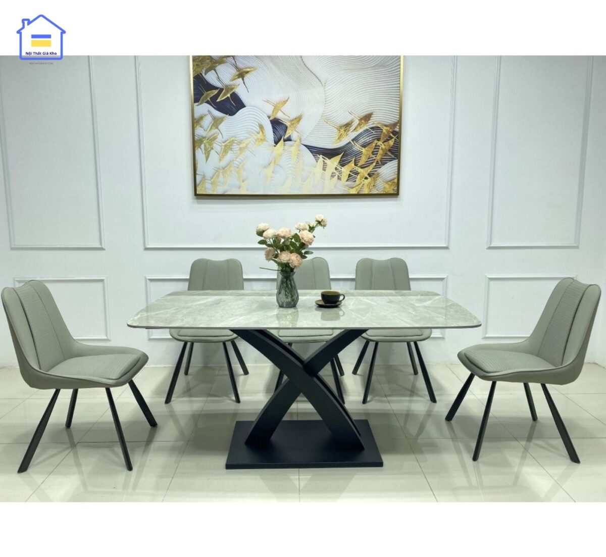 Bộ bàn ăn mặt đá chân X cong 6 ghế Vila