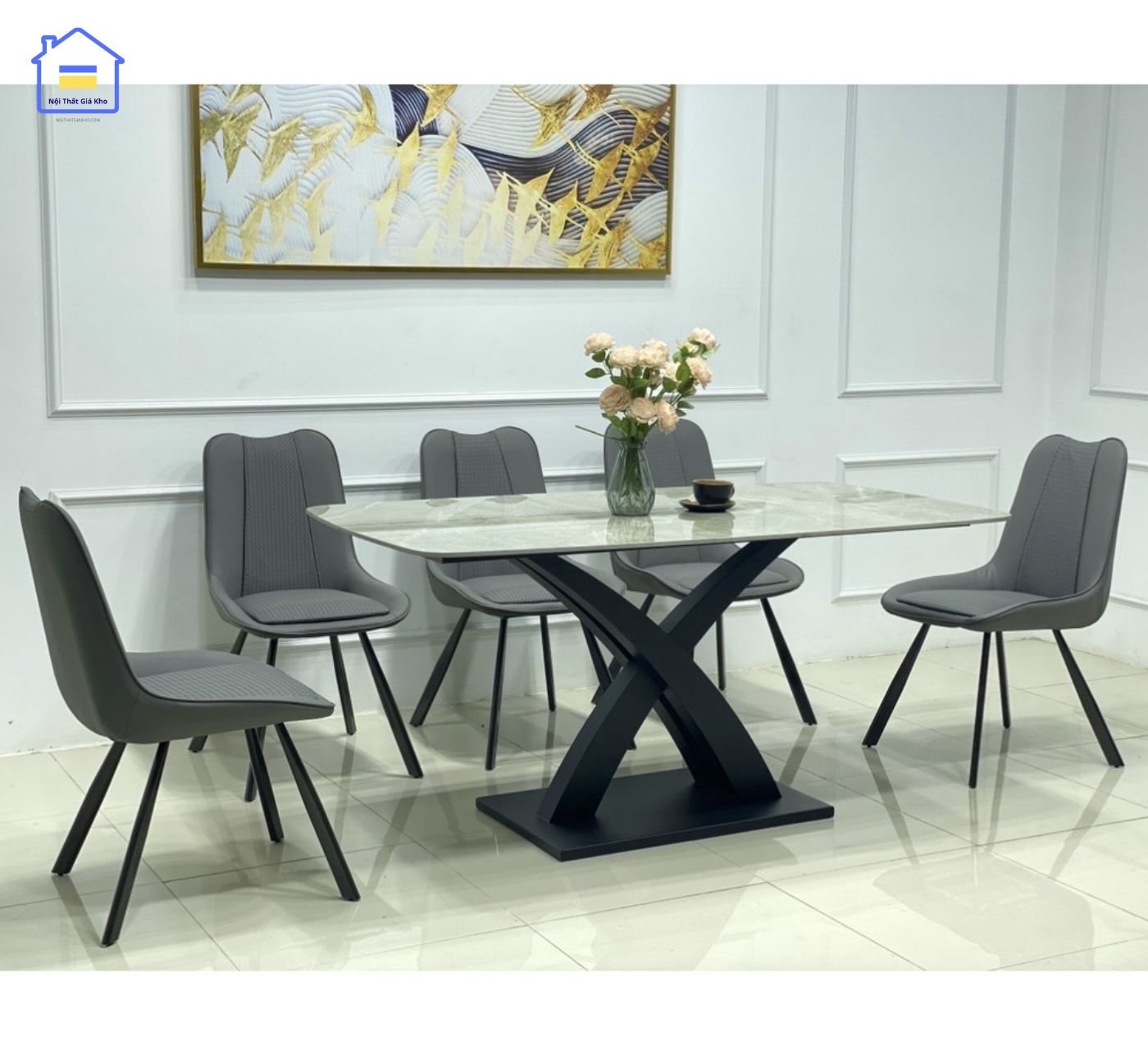 Bộ bàn ăn mặt đá chân X cong 6 ghế Vila