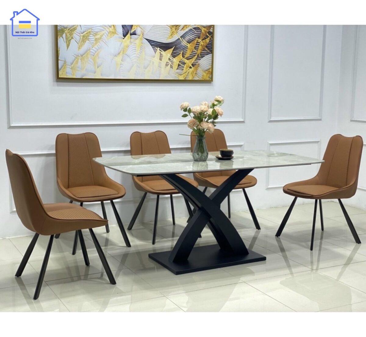 Bộ bàn ăn mặt đá chân X cong 6 ghế Vila
