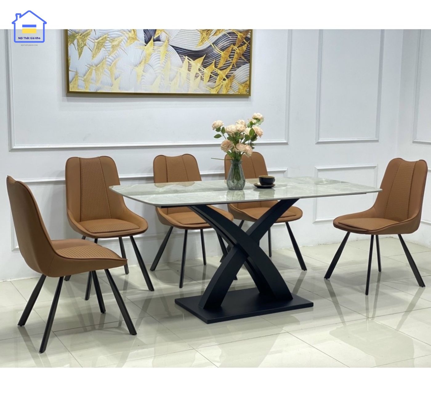 Bộ bàn ăn mặt đá chân X cong 6 ghế Vila