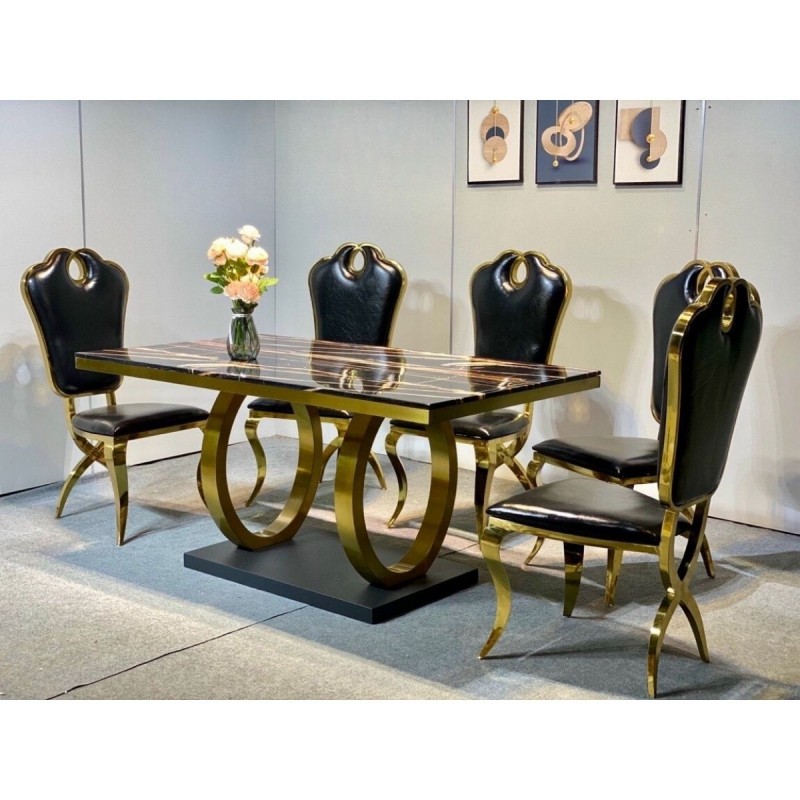 Bộ bàn ăn mặt đá nhập khẩu chân mạ vàng PVD ghế Queen