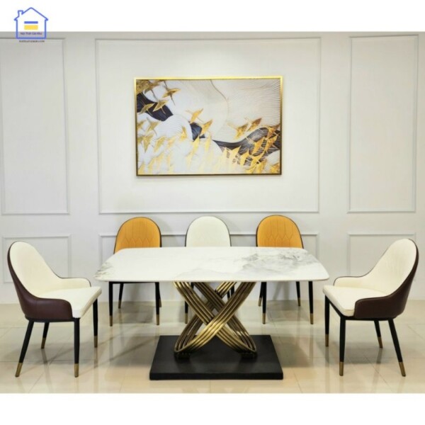 Bộ bàn ăn mặt đá phiến Ceramic bóng chân inox mạ vàng kết hợp ghế Monet