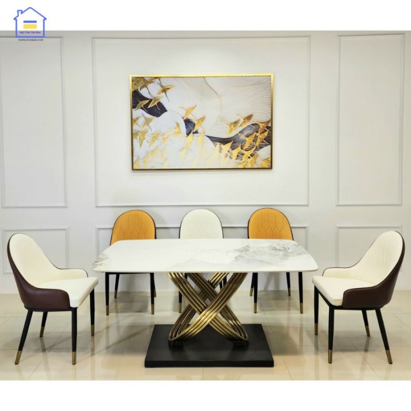 Bộ bàn ăn mặt đá phiến Ceramic bóng chân inox mạ vàng kết hợp ghế Monet