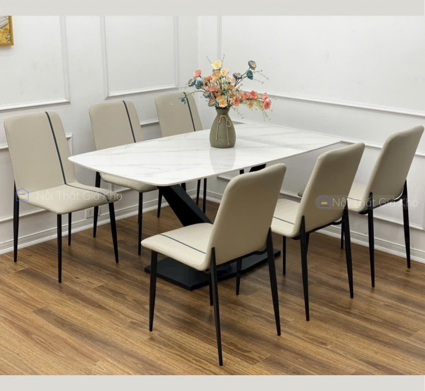 Bộ bàn ăn mặt đá phiến Ceramic chân chữ X kết hợp ghế Zena