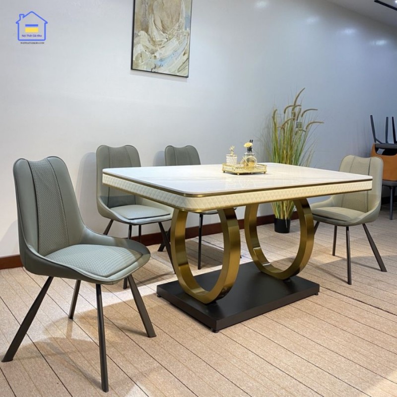 Bộ bàn ăn mặt đá phiến chân Double Q ghế Vila
