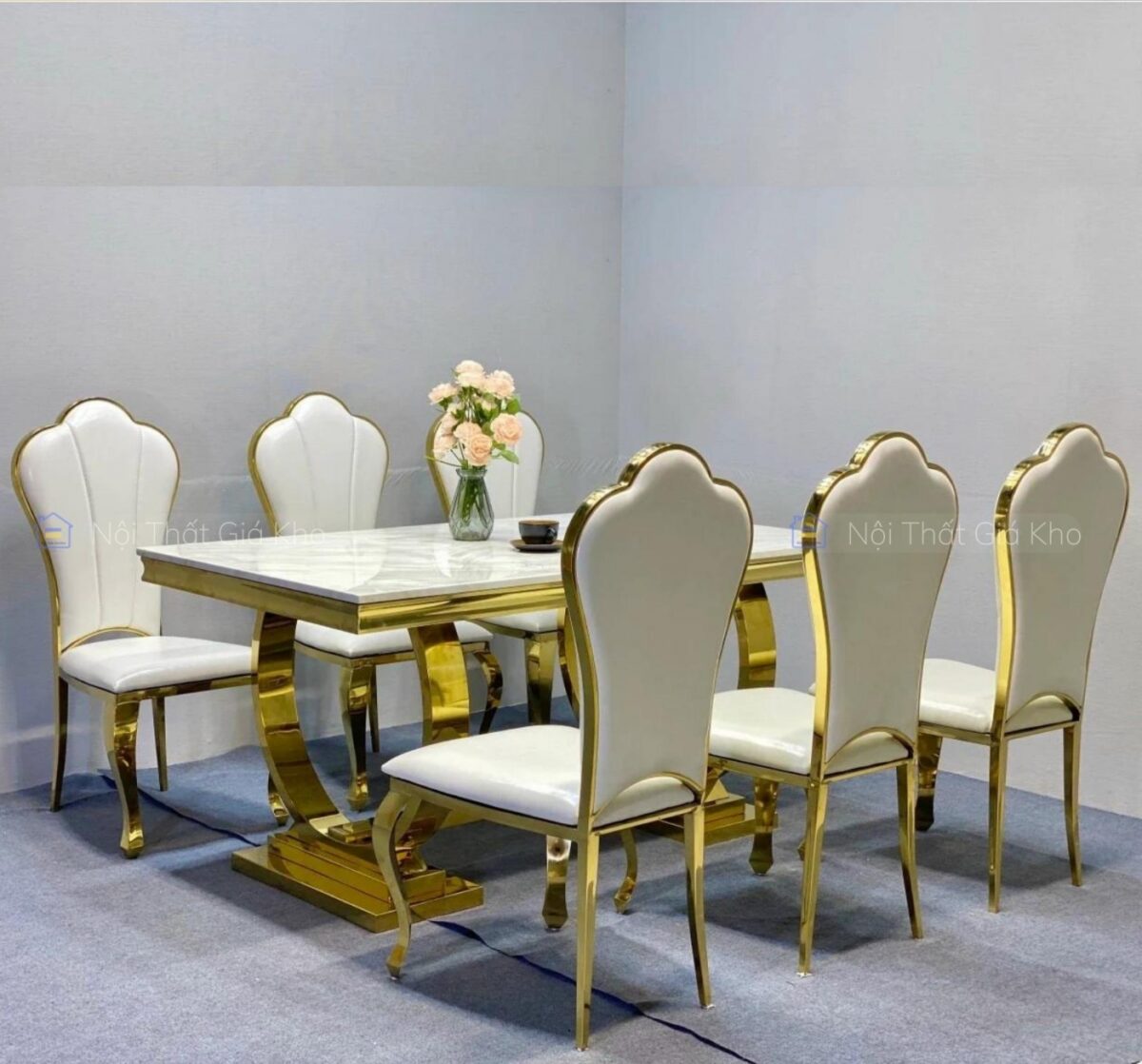 Bộ bàn ăn tân cổ điển ghế hoa mai mạ vàng