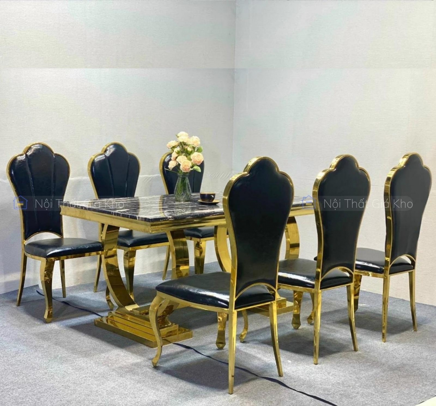 Bộ bàn ăn tân cổ điển ghế hoa mai mạ vàng