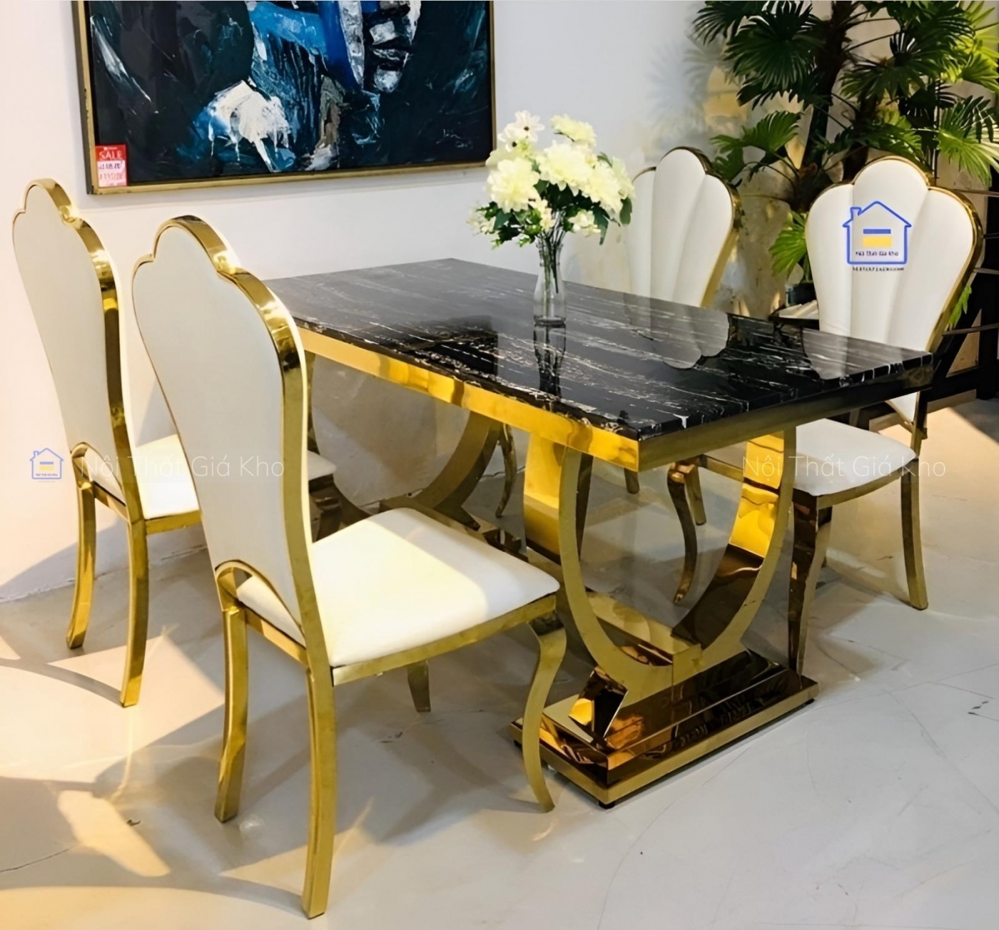Bộ bàn ăn tân cổ điển ghế hoa mai mạ vàng