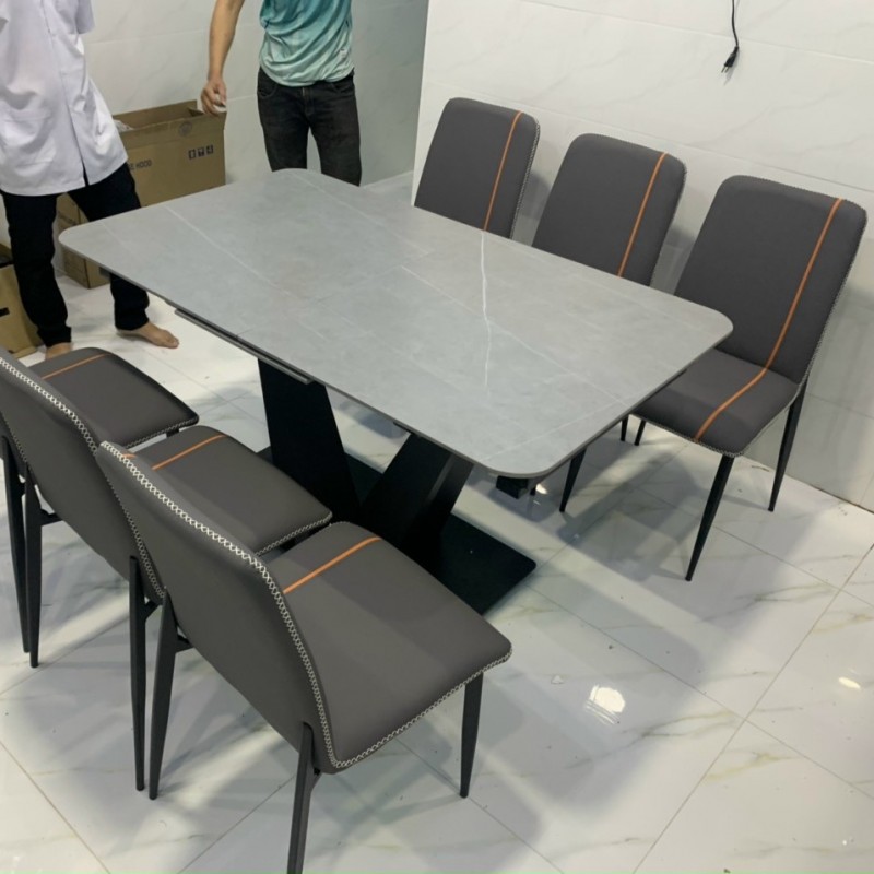 Bộ bàn ăn thông minh mặt đá Ceramic nhám chân chữ V kết hợp ghế Zena