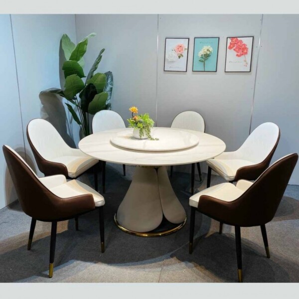 Bộ bàn ăn tròn mâm xoay đá Ceramic kèm ghế Monet có tay