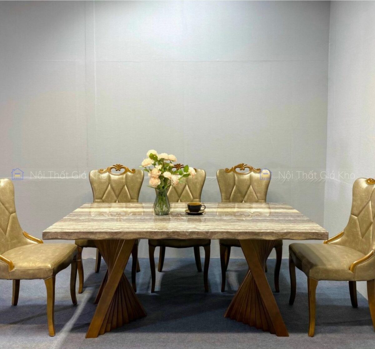 Bộ bàn ghế ăn tân cổ điển cao cấp chân gỗ sồi