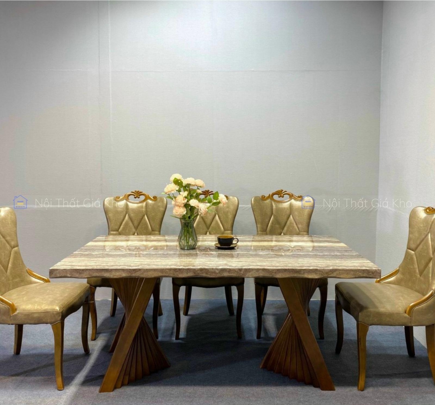 Bộ bàn ghế ăn tân cổ điển cao cấp chân gỗ sồi